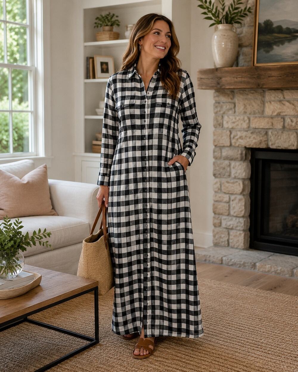 Polo Ralph Lauren Buffalo Check Maxi Shirt Dress Black White Plaid Size 4